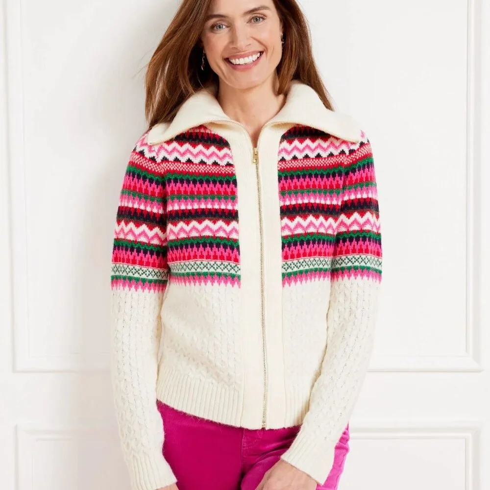 NWT Talbots Zip Cardigan Sweater- Joyful Fair Isle woman's size XL - Picture 1 of 12